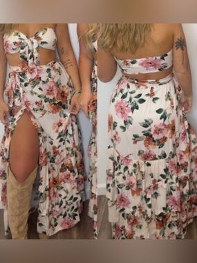 . Multicolor Floral 2 Piece Tie Sleeveless Crop Top & High Waist Maxi Skirt Set